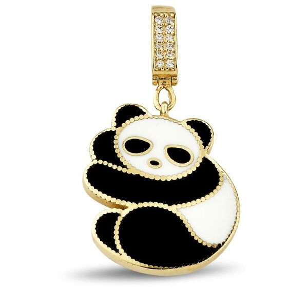 Siyah Ve Beyaz Makyajlı Büyük Boy Panda Charm Altın Kolye Ucu